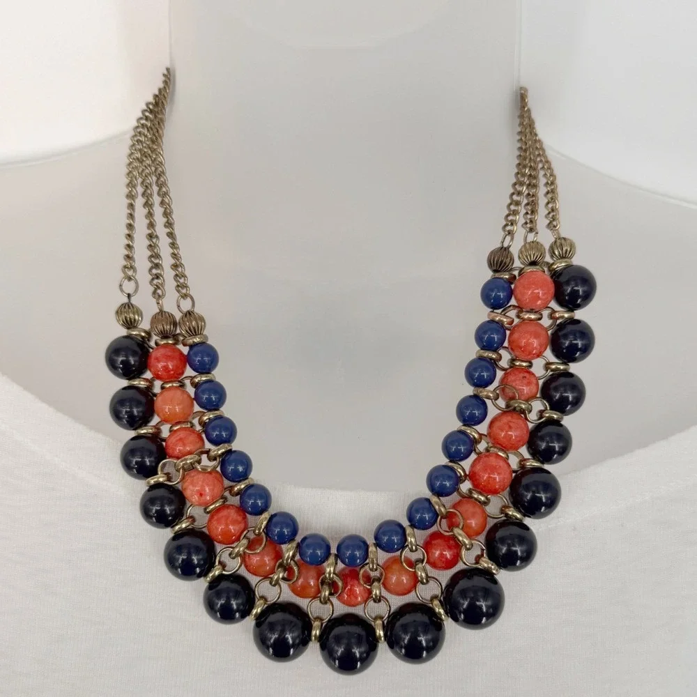 Eva Mendes NY & Co Triple Strand Bib Necklace Blue Coral Bead Gold Tone 103-192